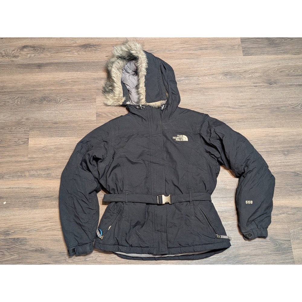 The North Face Womens 550 Down Belted Parka Jacket Black Faux Fur Hood S READ